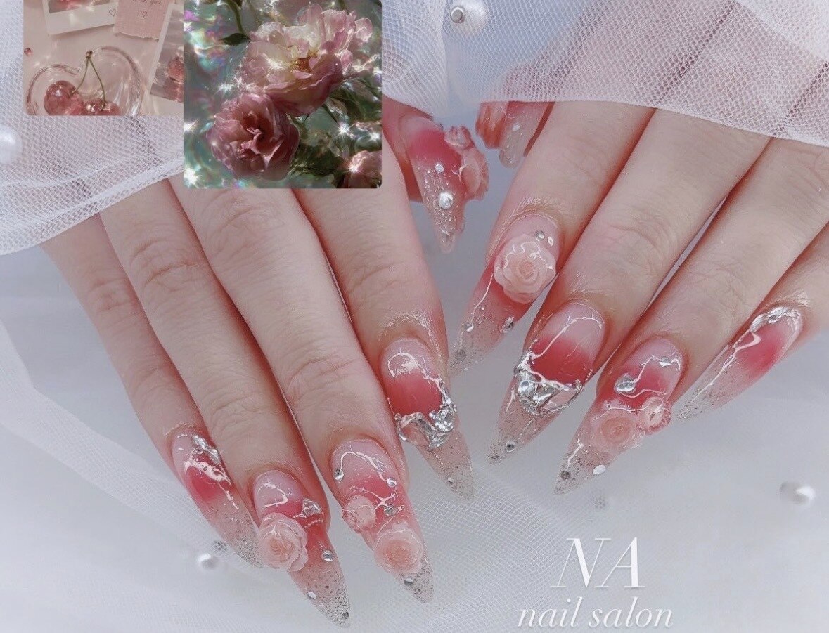 心斎橋ネイルサロン NA nail salon｜ちゅるんネイル 3Dローズ ピンクグラデ シルバーホイル 長さ出し