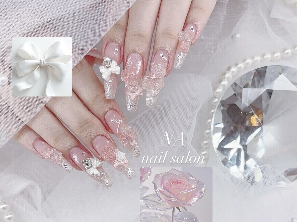 心斎橋ネイルサロン NA nail salon｜ちゅるんネイル 3Dローズ リボンパーツ ヌードピンク シ ルバーグリッター 長さ出し